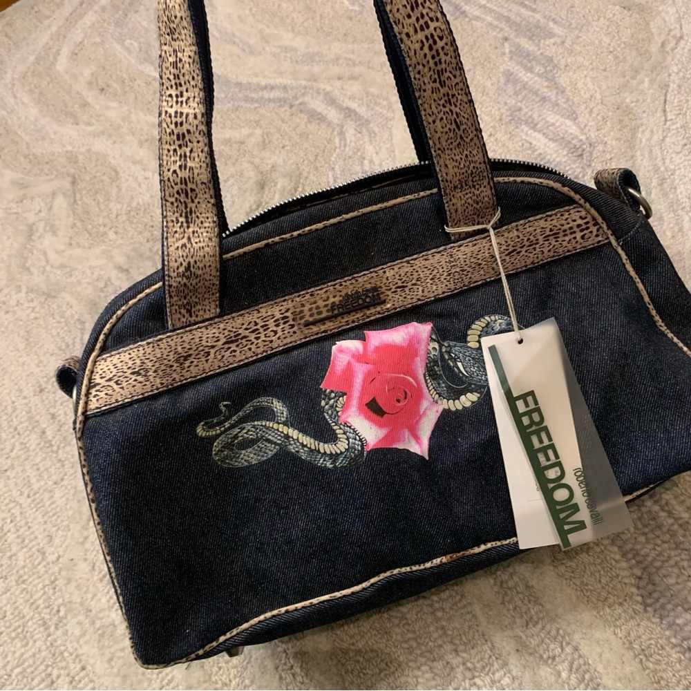 Roberto cavalli denim cheetah print bowling bag w roses and snakes (woah)